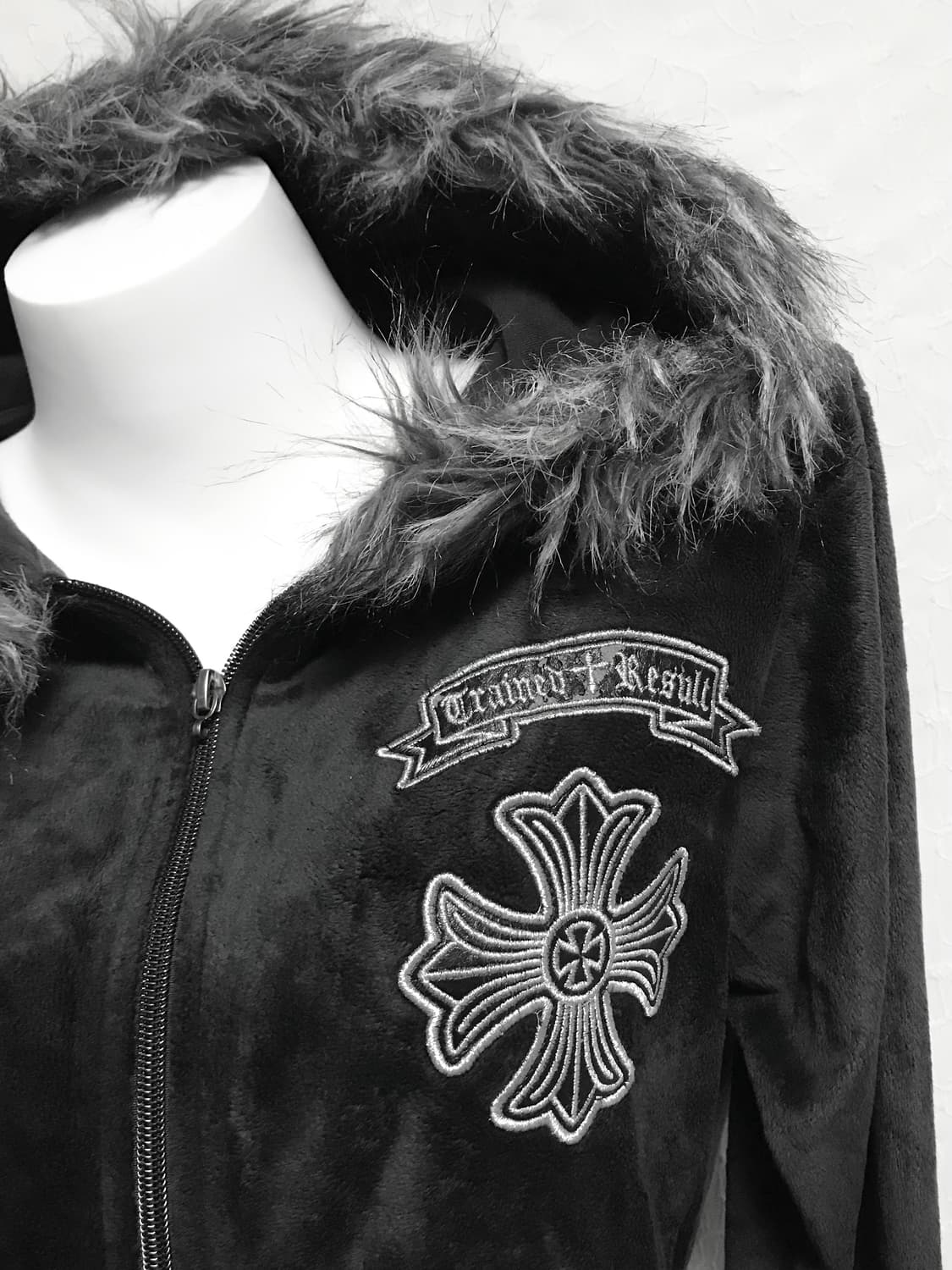 빈티지 펑크 크롬깔 벨벳 퍼 후드 집업 상품이미지5