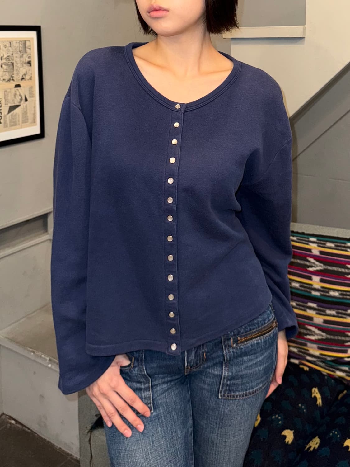 Agnes B navy snap-button fleece cardigan 상품이미지2