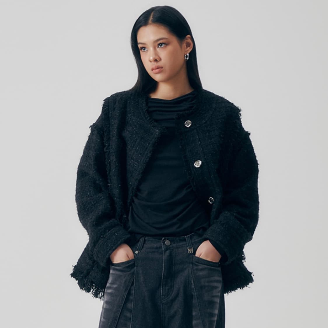 트리밍버드 오버핏 트위드 자켓 블랙 상품이미지2