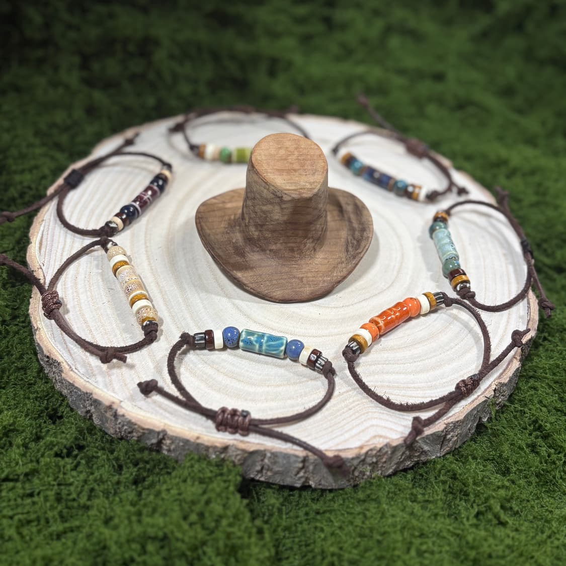 핸드메이드 웨스턴 보헤미안 소가죽 도자기 우드 나무 길이조절 포인트 팔찌 상품이미지1