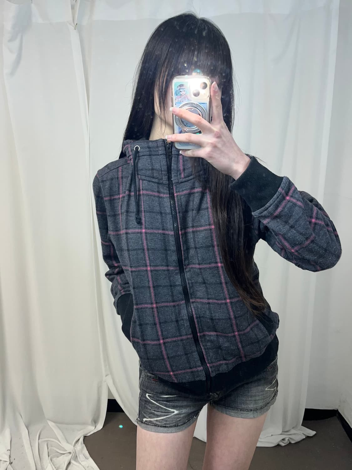 니혼진 핑크 체크 패턴 하이넥 후드집업 상품이미지1