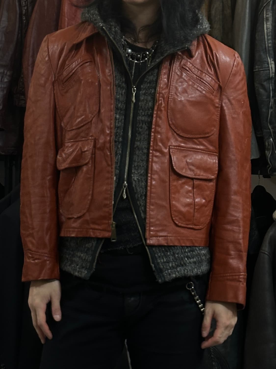80's 빈티지 오렌지 레더 크롭 자켓 빈티지 가죽자켓 상품이미지9