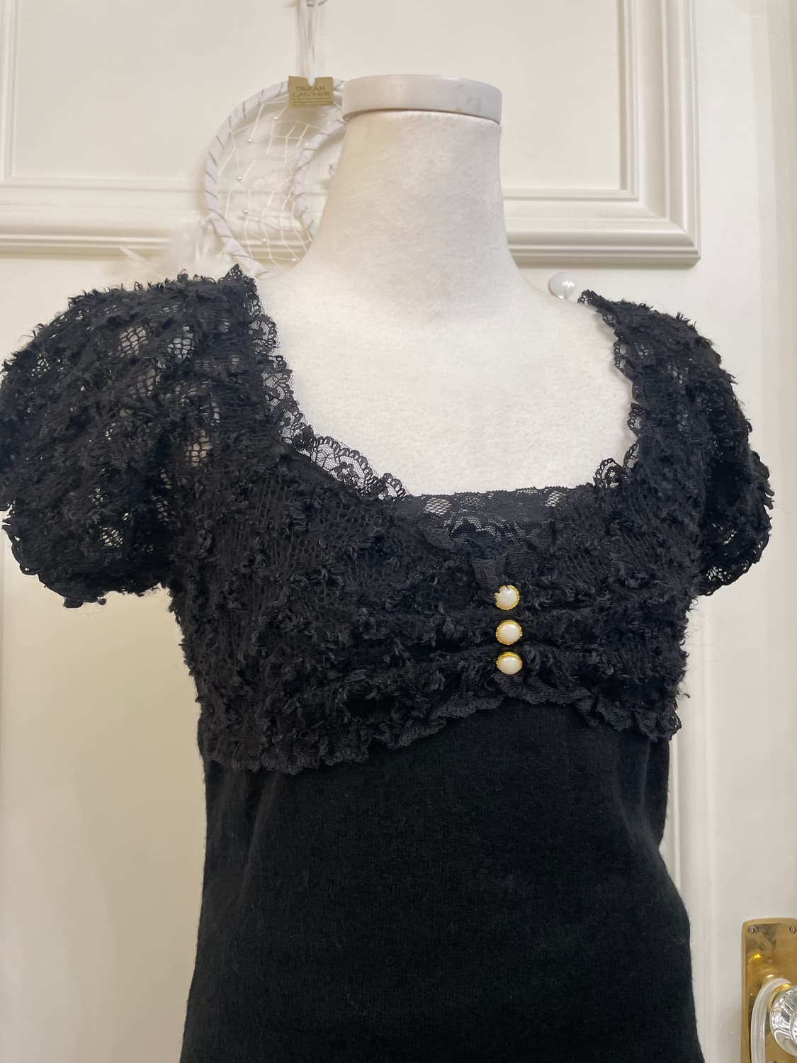 black sleeve crochet shirring knit top&l 상품이미지7