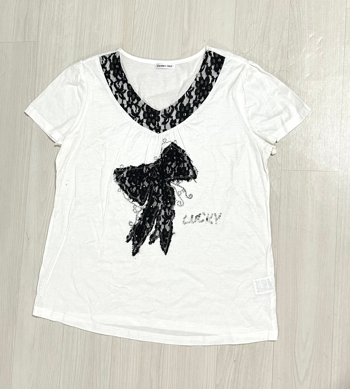 빈티지 레이스 리본 갸루 브이넥 반팔탑  상품이미지1