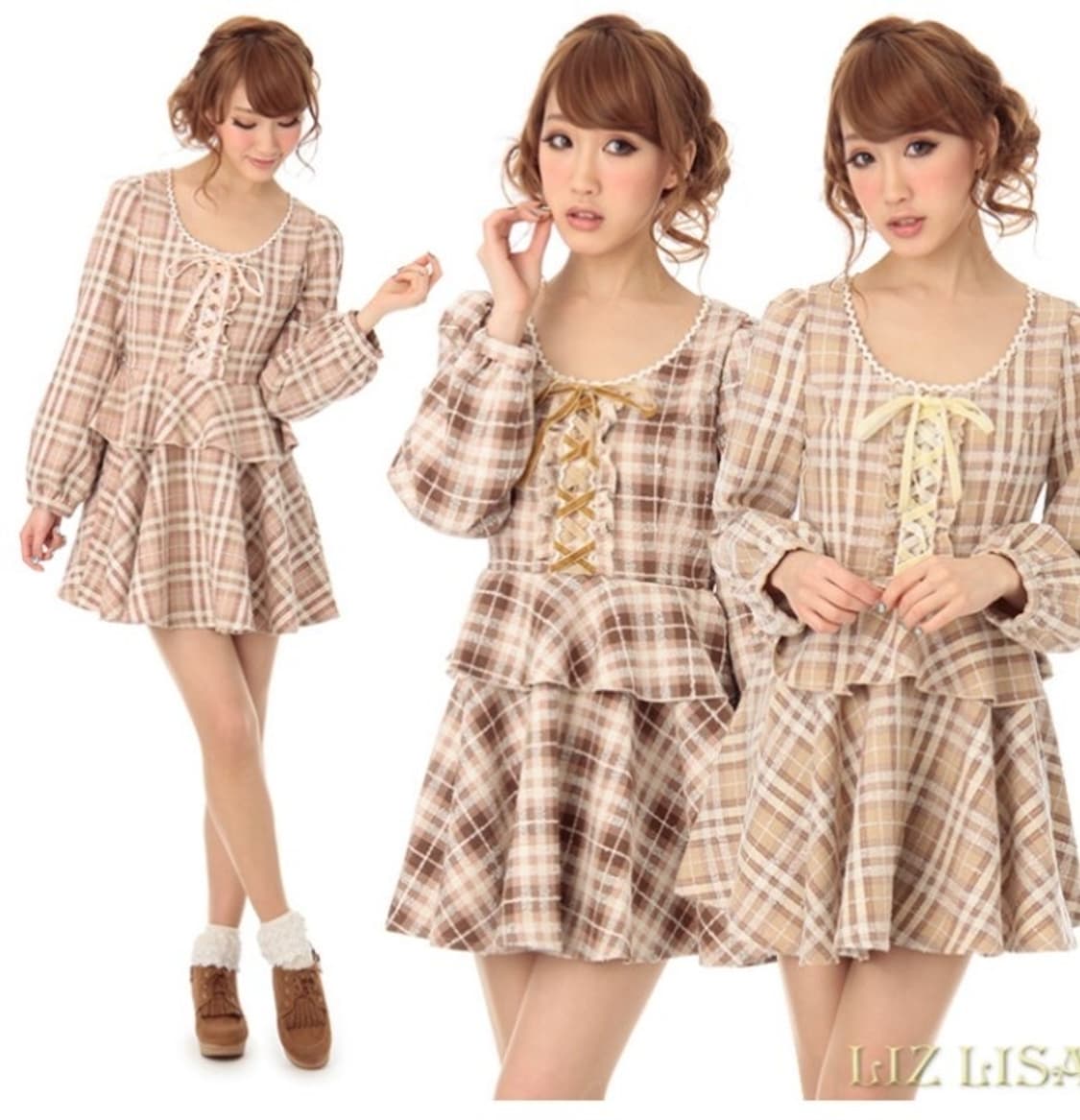 빈티지 lizlisa 리즈리사 체크 프릴 코르셋 트위드 원피스 상품이미지1
