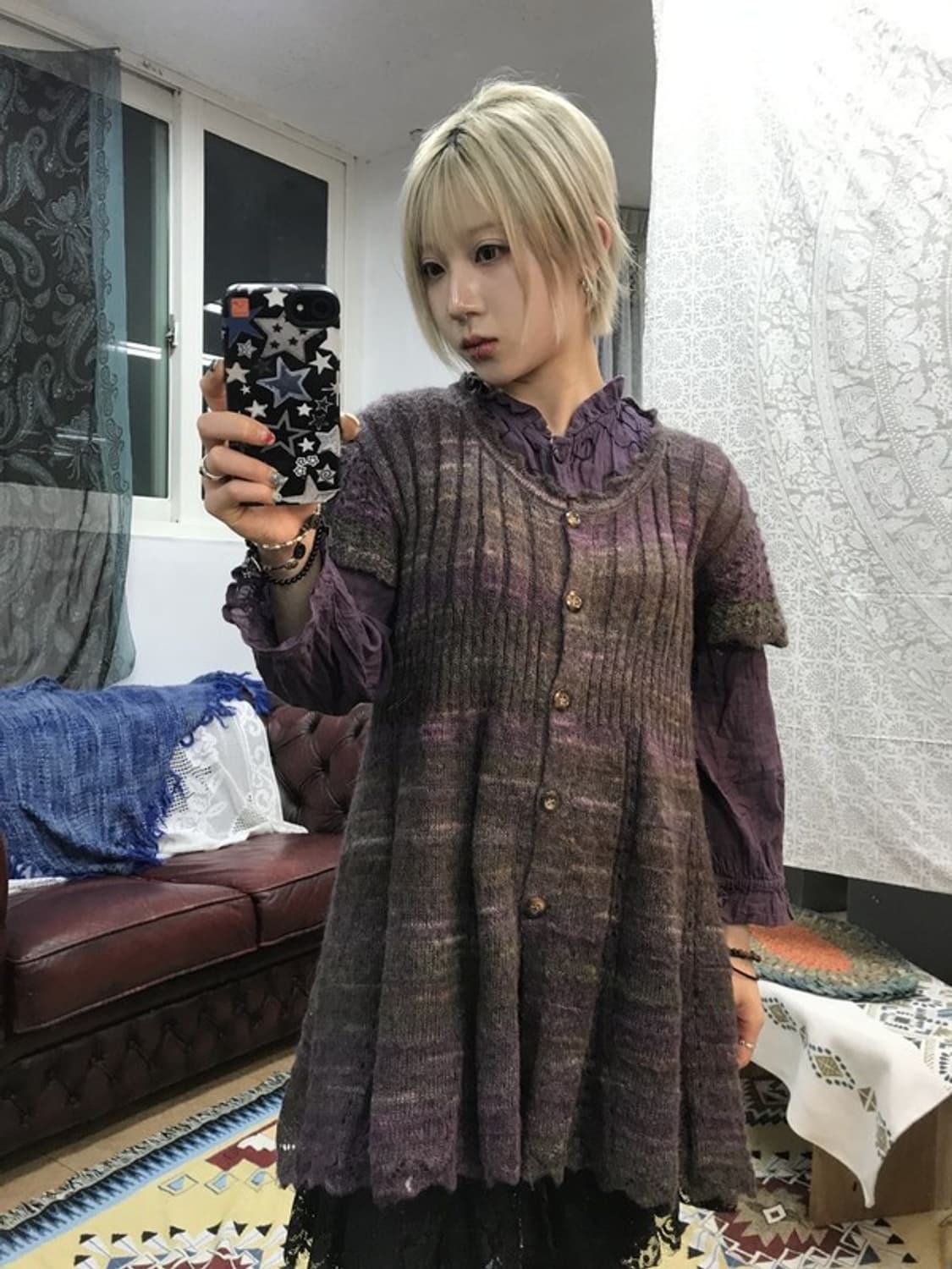 제페니즈 빈티지 여성 니트 반팔 롱 가디건 상품이미지1