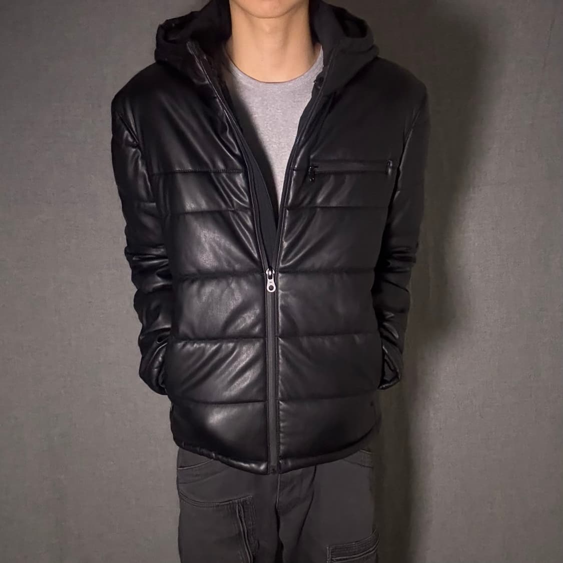 y2k 레더 후드 패딩 상품이미지2