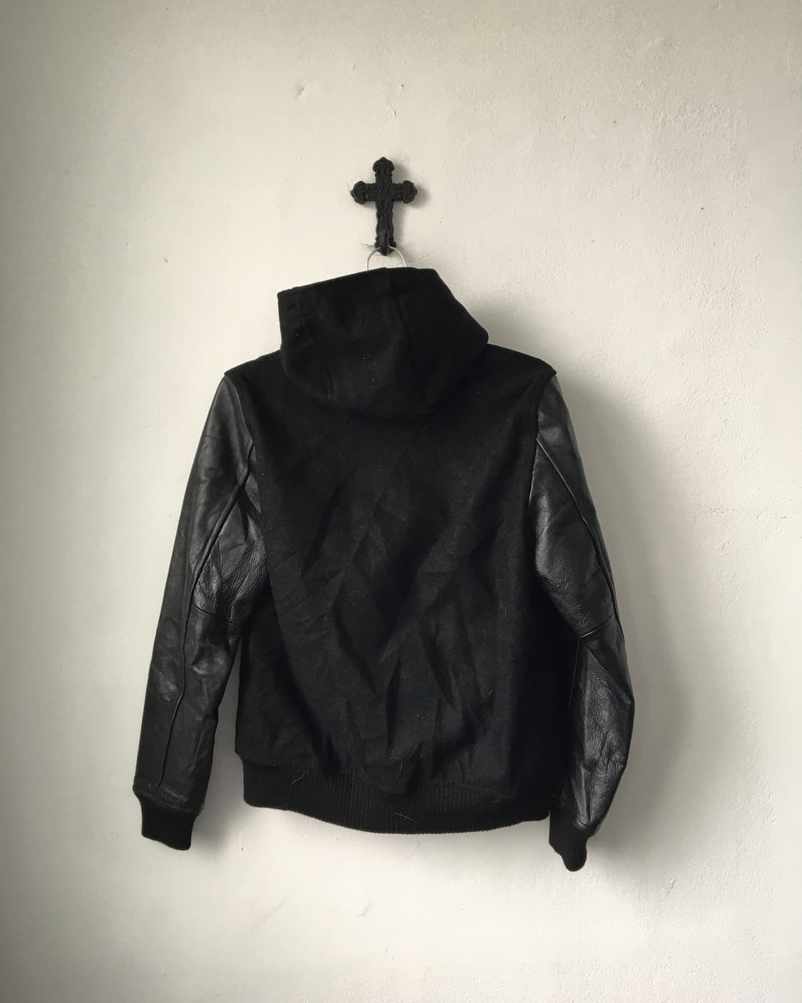 cow Leather layered woolen hood jacket 상품이미지3