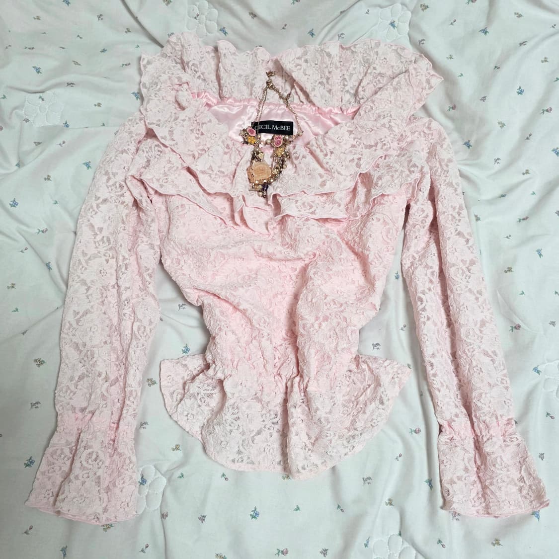 세실맥비 일본빈티지)핑크 딸기우유 히메카지갸루 레이스 오프숄더블라우스 상품이미지1