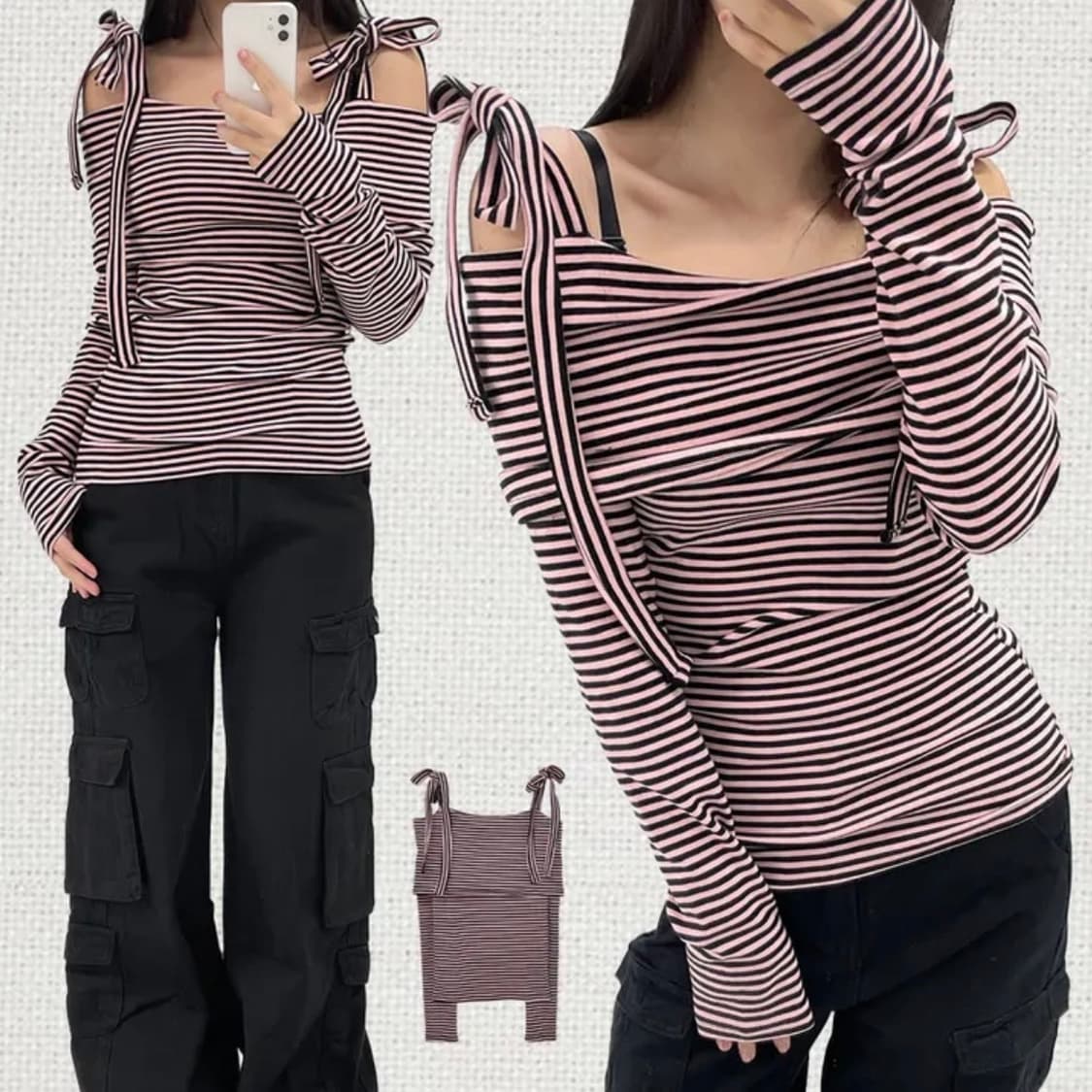 블루베리 스트립 리본 숄더 tee 상품이미지1