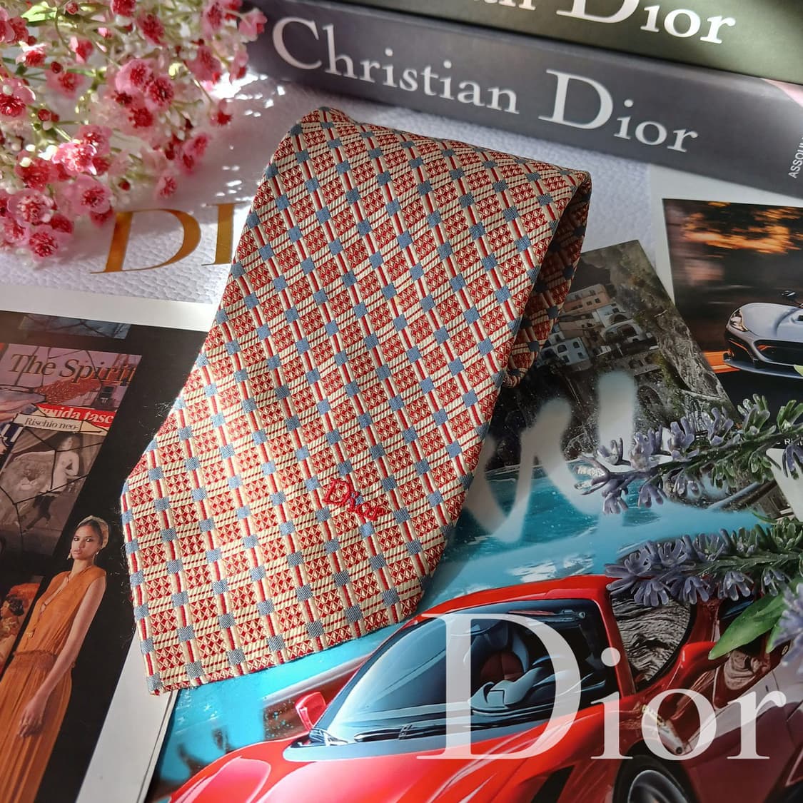크리스찬 디올 실크 레드 기하 패턴 넥타이 9.4cm A등급 A19579 상품이미지1