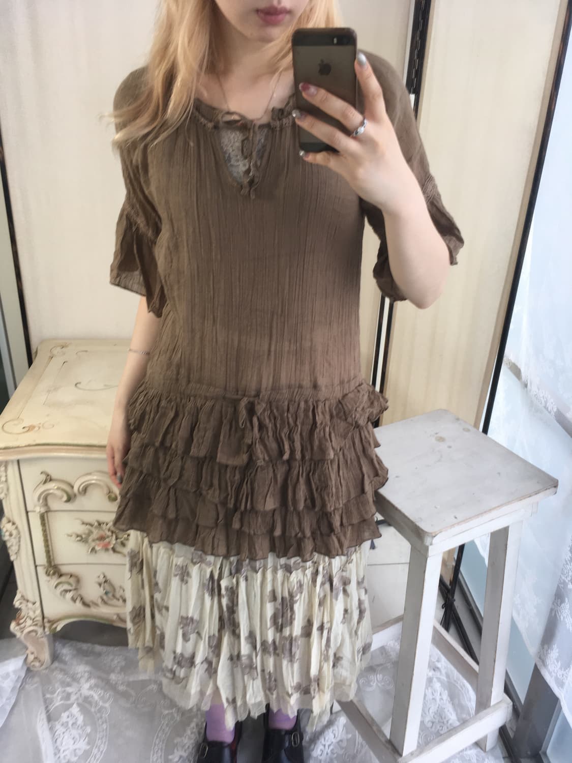 빈티지 모리 브라운 쉬폰 레이어드 캉캉 원피스 상품이미지2