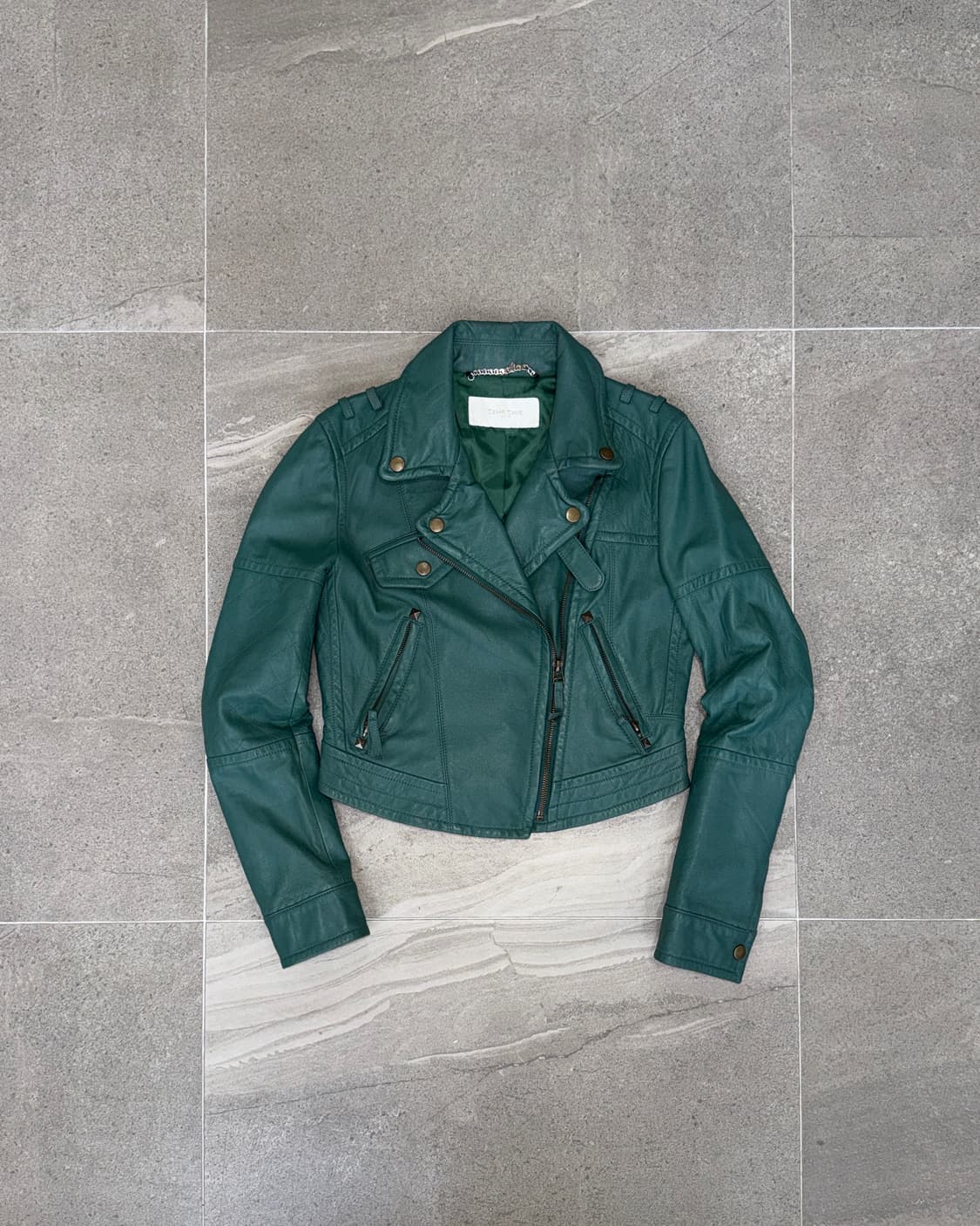 Blue green lamb skin crop rider jacket  상품이미지1