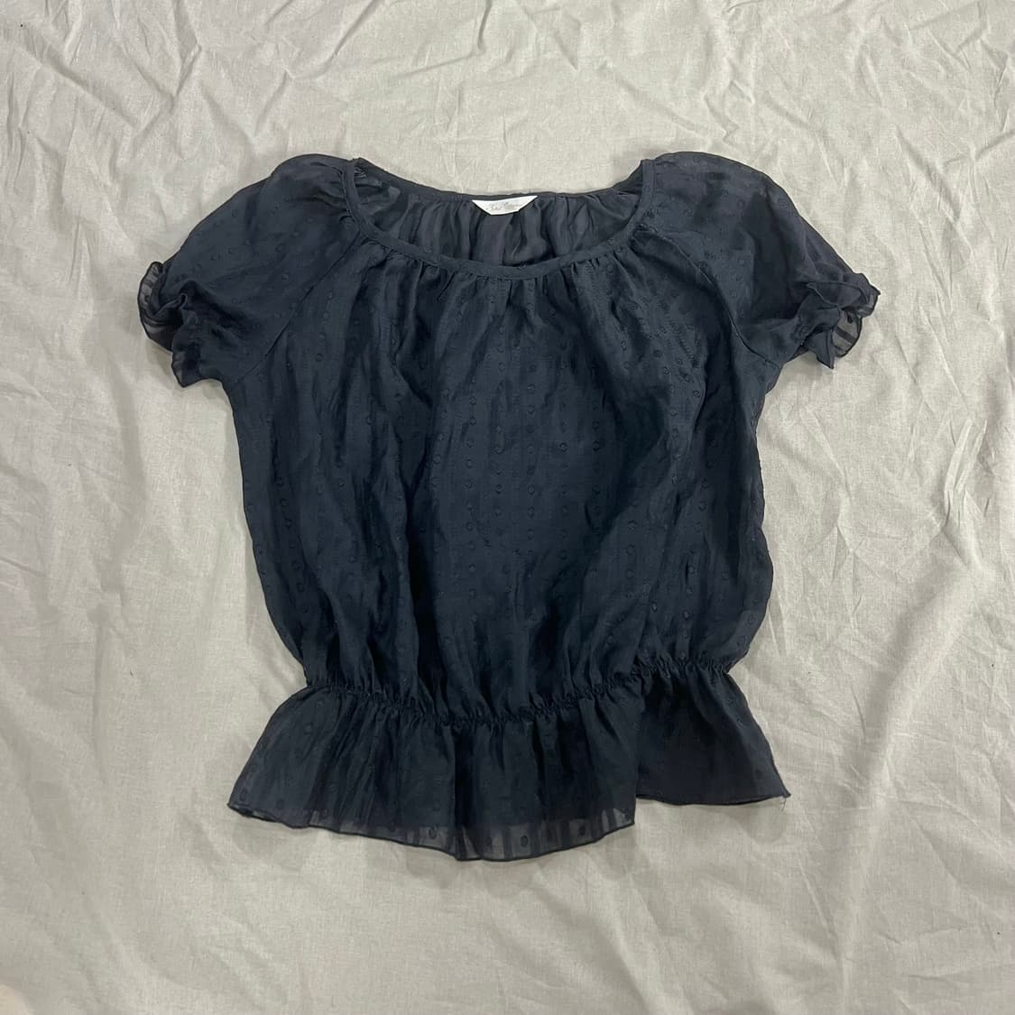 모리걸 도트 시스루 퍼프 블라우스 반팔 블랙 상품이미지1