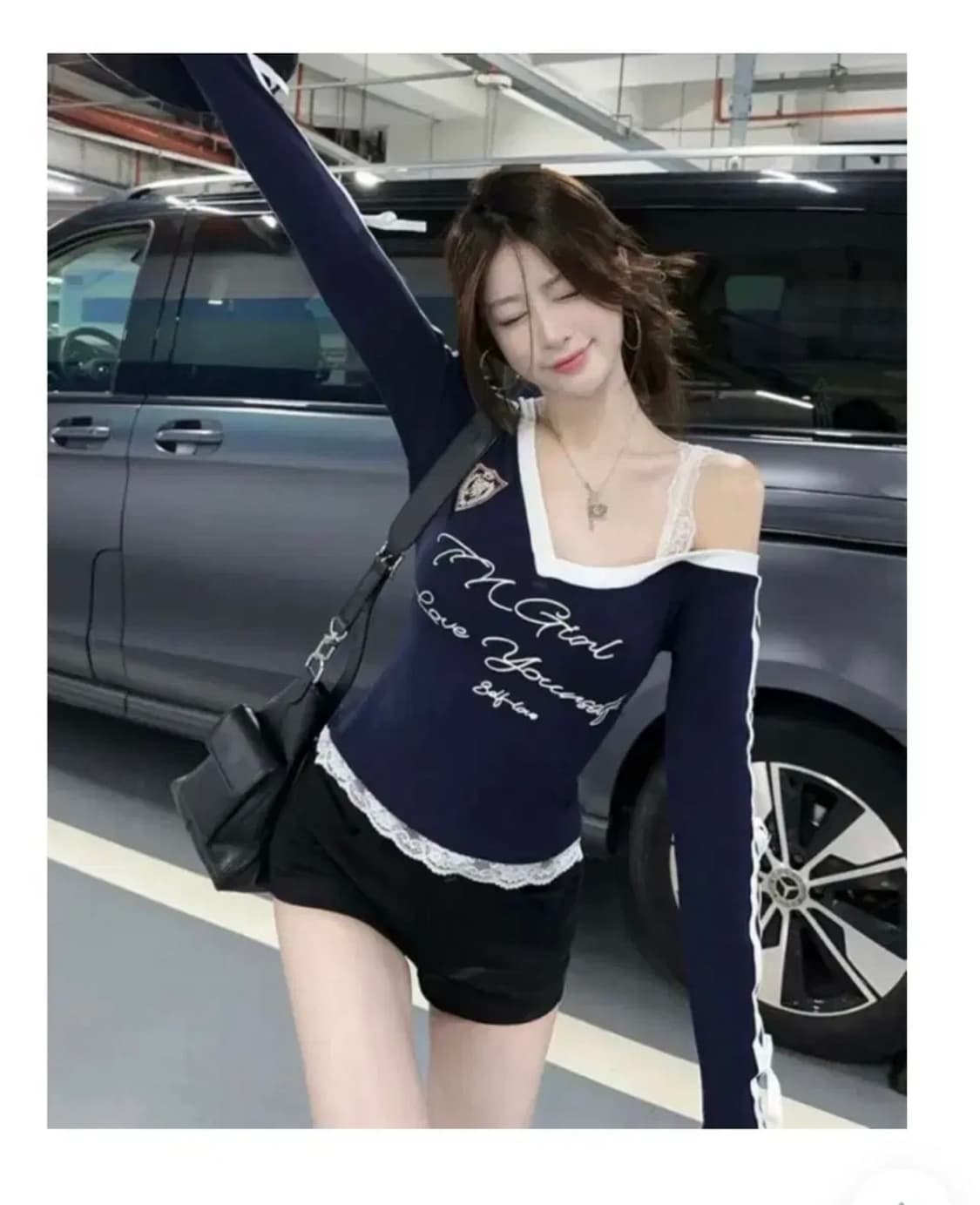 오프숄더 리본레이스 발레코어 티셔츠 상품이미지2