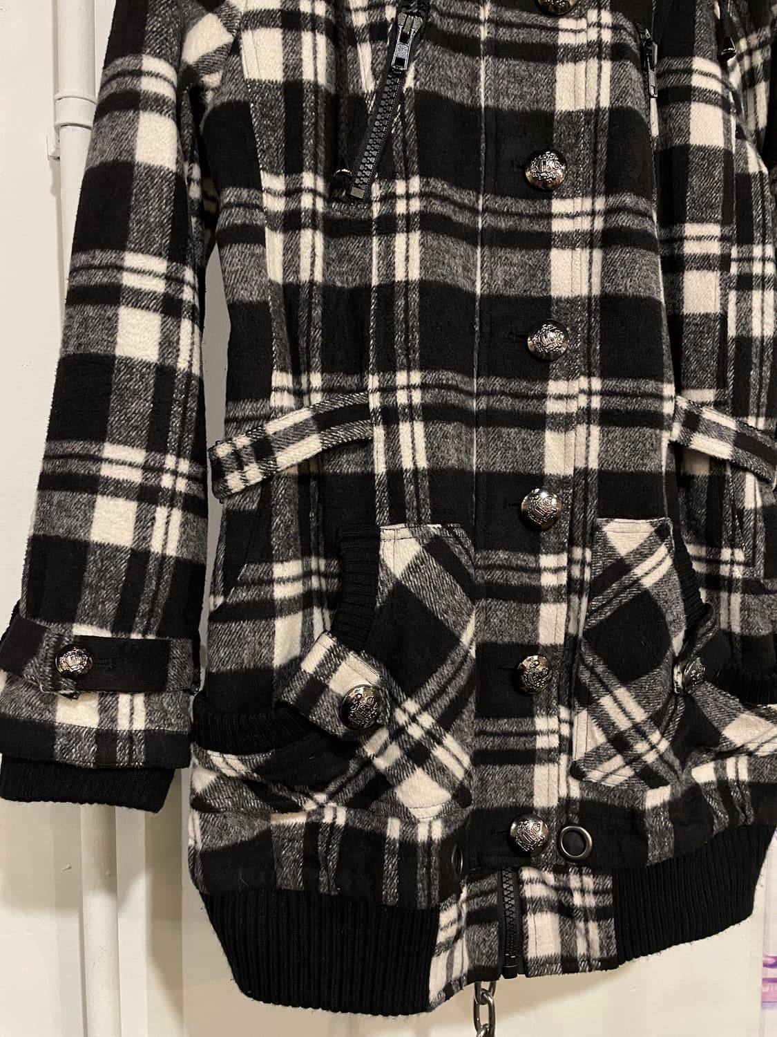 체크패턴 음각 버튼 스트랩 후드 자켓 갸루 y2k 상품이미지5