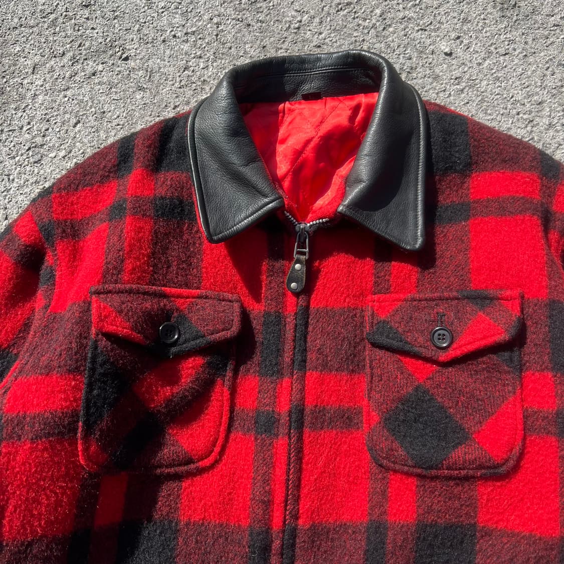 90’s 레더 칼라 울 체크 자켓 상품이미지2