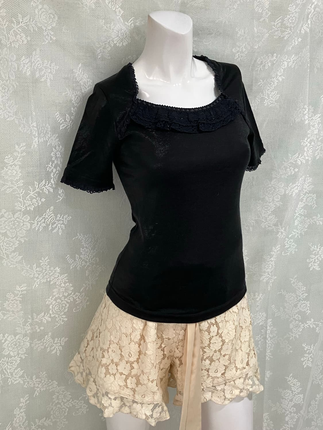 빈티지 블랙 크로셰 레이스 반팔 1109 모리걸 y2k 스트릿 갸루 펑키 상품이미지1