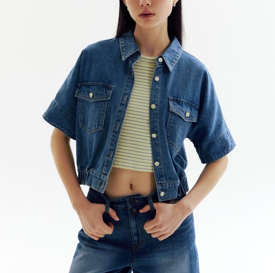 CHOWOO 프리미엄 데님셔츠 빈티지 웨스턴 크롭 트러커 청자켓 상품이미지1