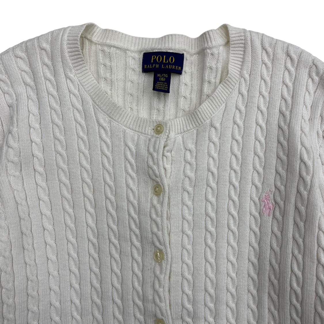 폴로 랄프로렌 베이비핑크포니 화이트 꽈배기 니트 버튼가디건 XL 상품이미지4