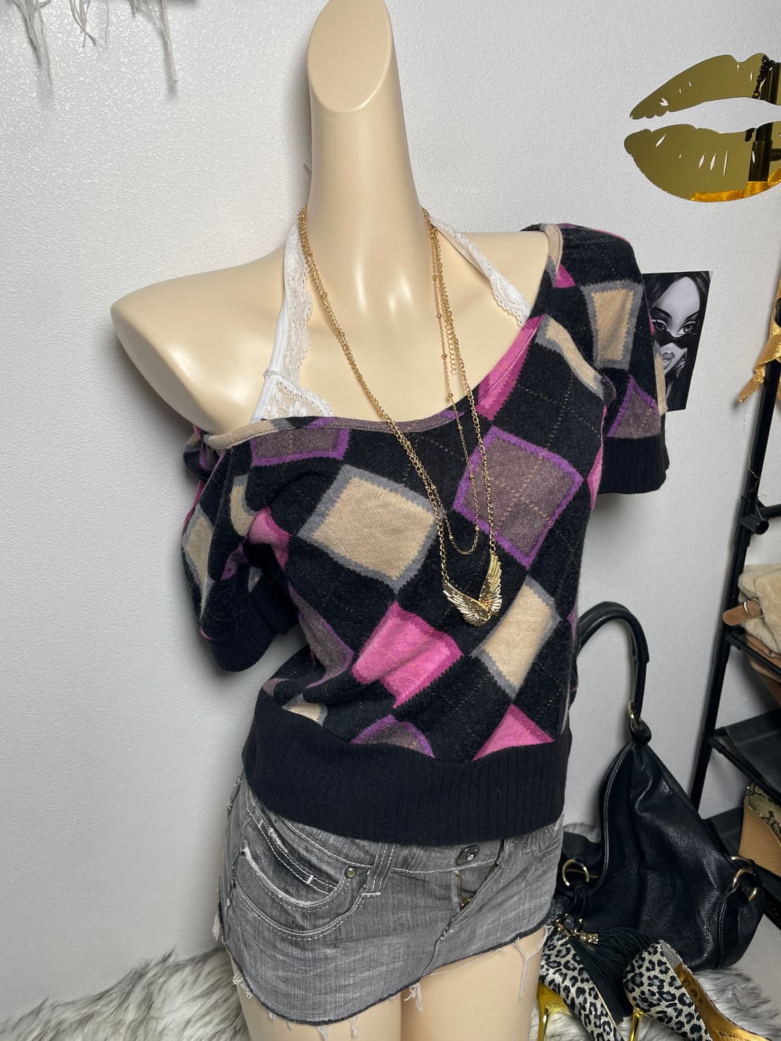 러블리 키치 아가일 오프숄더 니트 반팔티 탑 상품이미지1