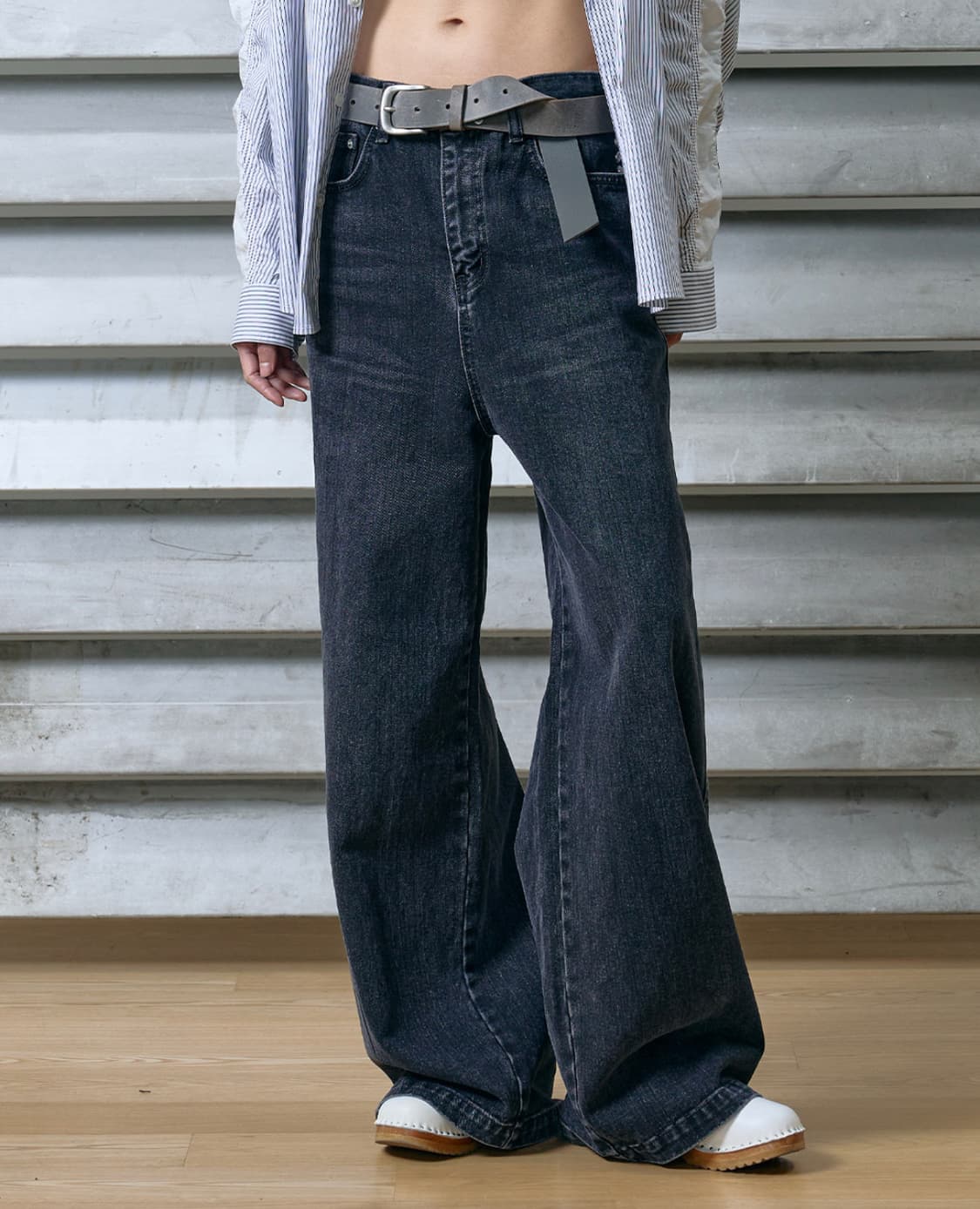 WESKEN 사이드 스터드 와이드 흑청 데님 팬츠 상품이미지7