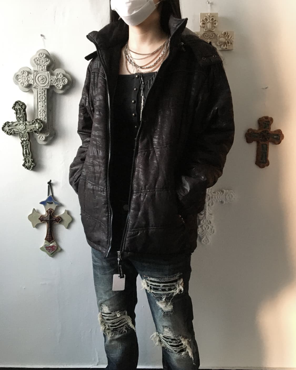 Fake fur hood dyed printing jacket 상품이미지7