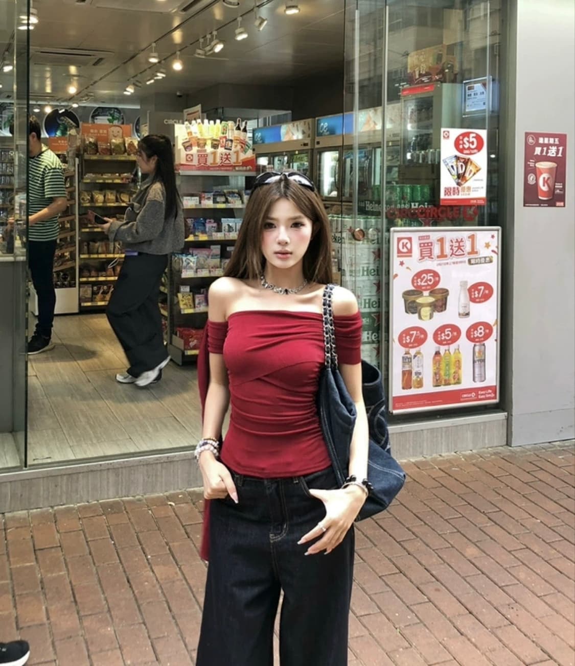 원숄더 리본 레드 티셔츠 상품이미지2