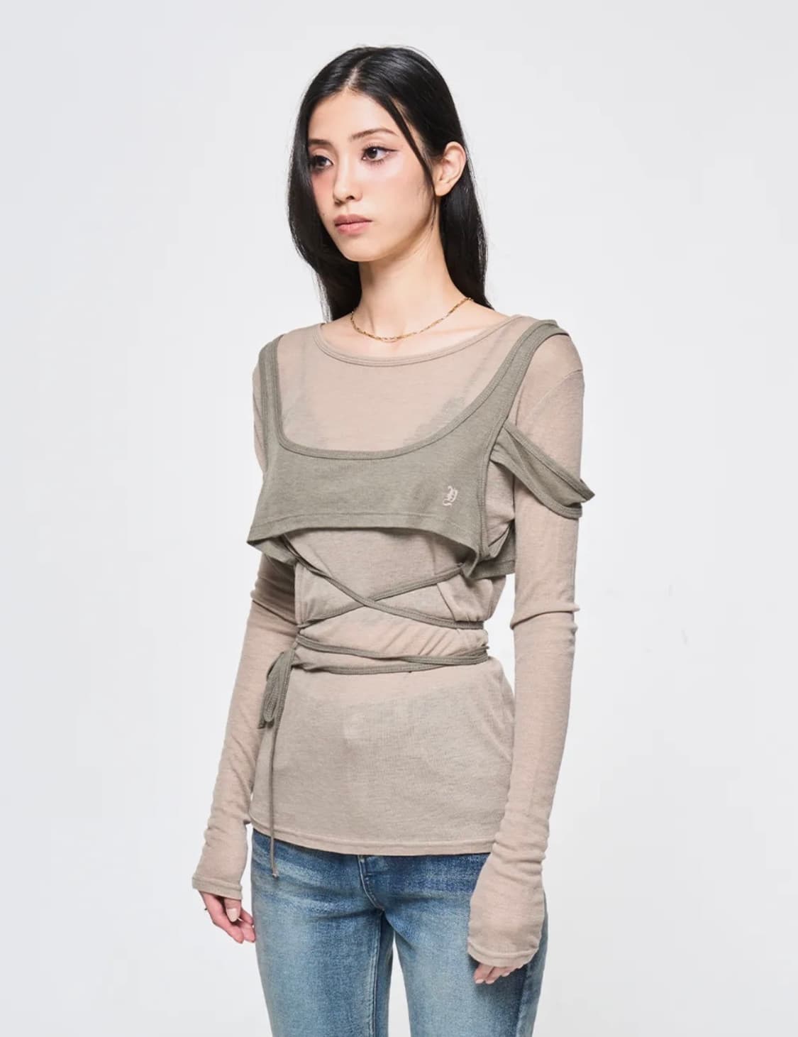 OVERLAY WRAP LONG SLEEVE TOP BEIGE 상품이미지1