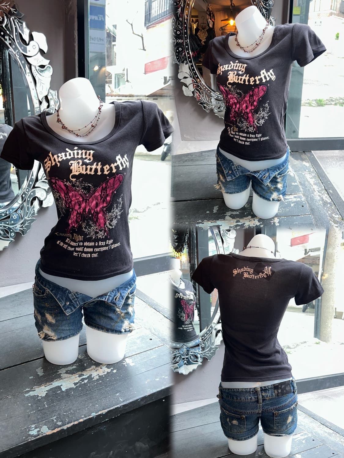 나비 레이스 프린팅 반팔티 갸루y2k펑크 상품이미지2