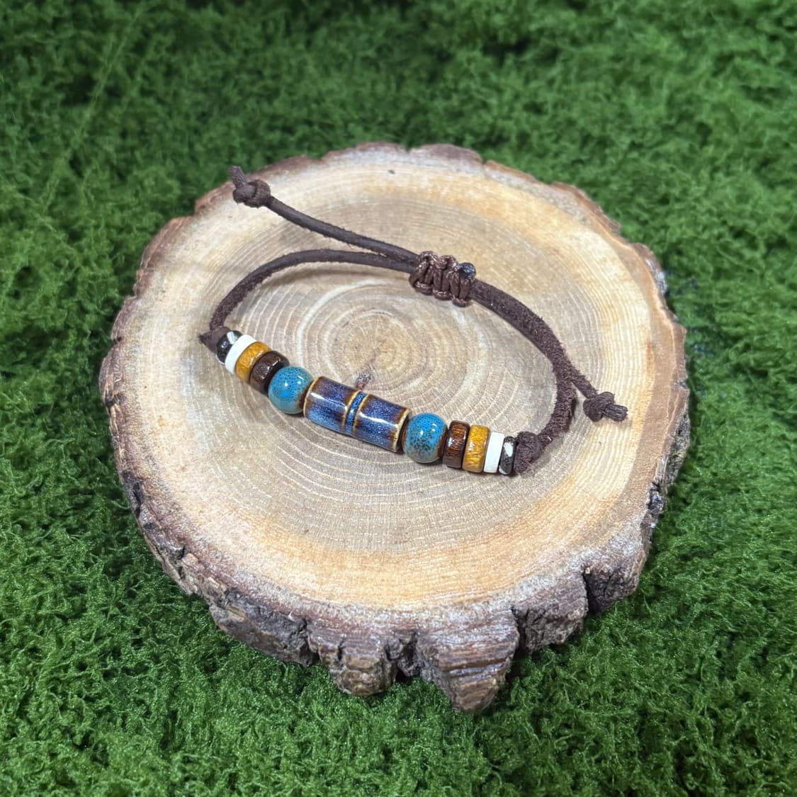 핸드메이드 웨스턴 보헤미안 소가죽 도자기 우드 나무 길이조절 포인트 팔찌 상품이미지2