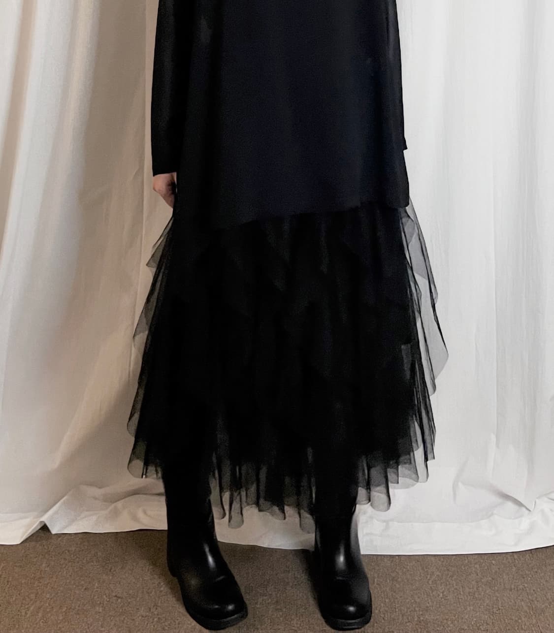 Layered Ruffle Tulle Long Skirt - Black 상품이미지1