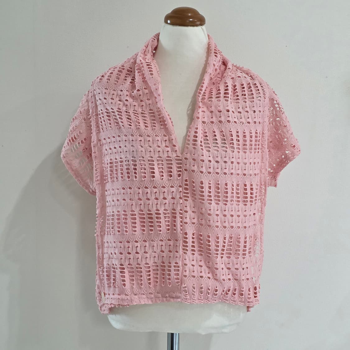 일본빈티지)핑크 레이어드 여름히메갸루 모리걸 펀칭 그물니트 반팔슬리브 상품이미지2