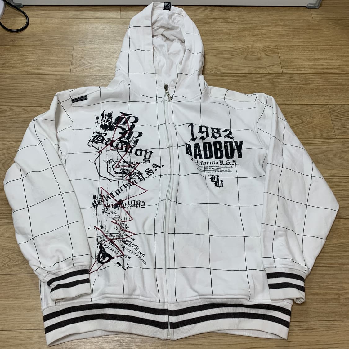 XL)BAD BOY 배드보이 빅프린팅 y2k 격자 후드 집업 상품이미지1