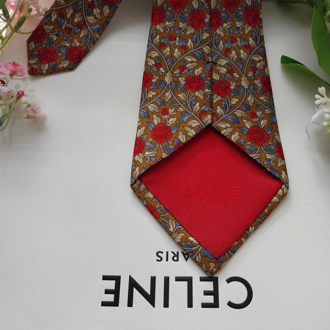 셀린느 실크 브라운 플라워 모티브 넥타이 9.6cm A등급 K1866
 상품이미지7