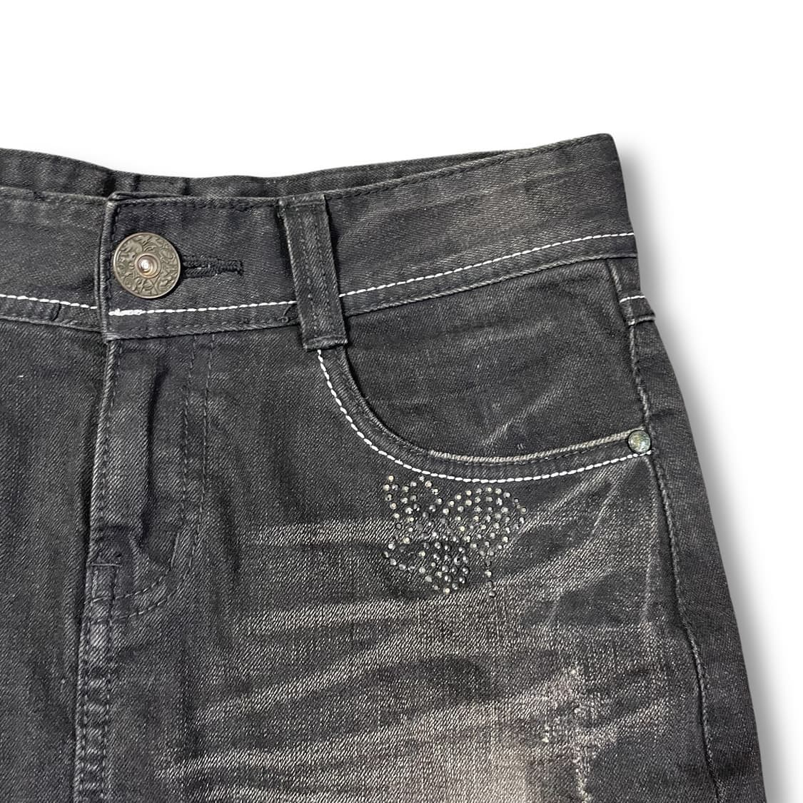 (26) 빈티지 흑청 큐빅 글리터자수 데미지 데님 스커트 S 상품이미지3