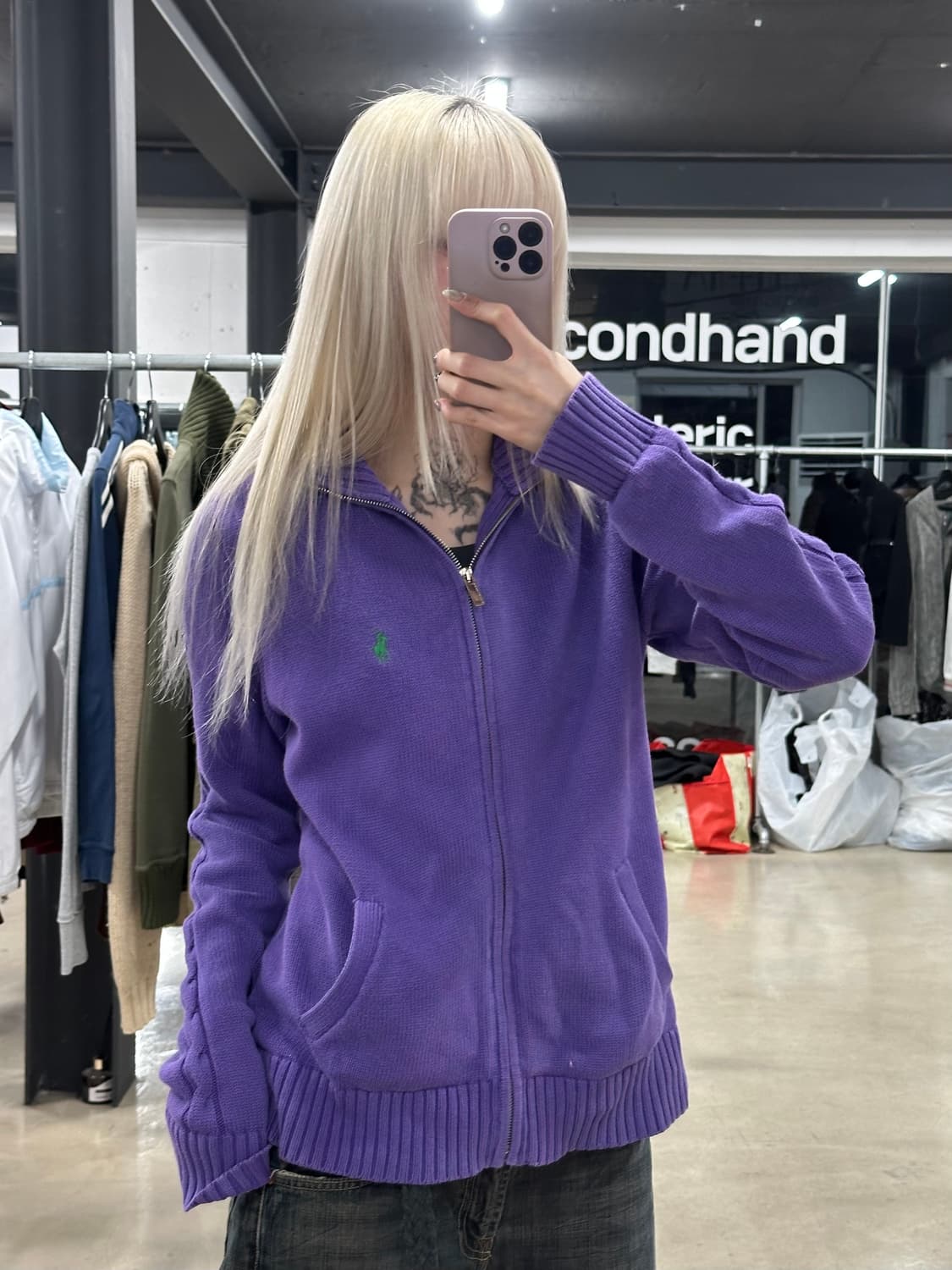 폴로 랄프로렌 퍼플 그린 로고 니트 집업 상품이미지2