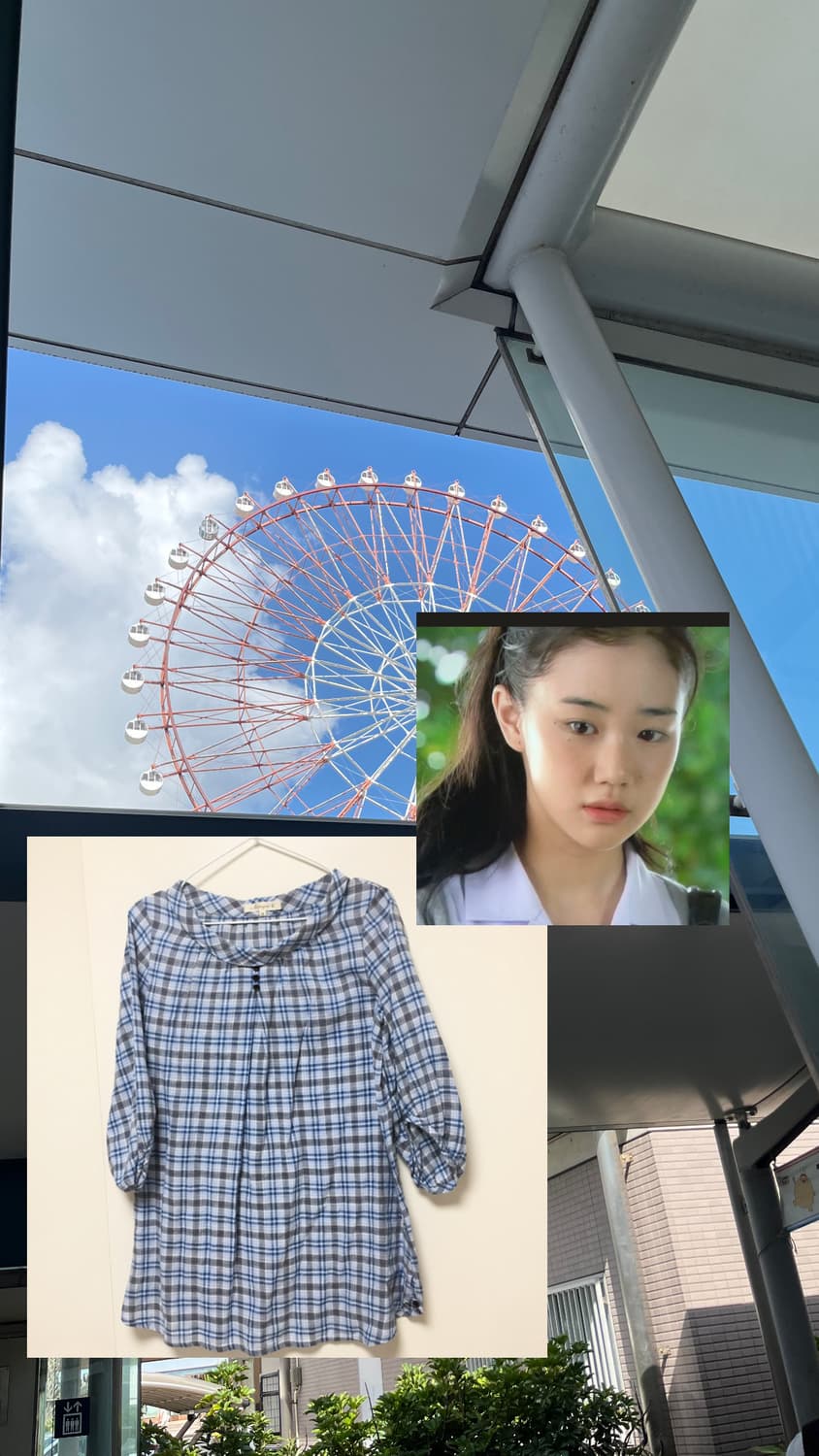 일본빈티지 청량 모리걸 유우깔 체크 7부 블라우스 스즈코깔 상품이미지1