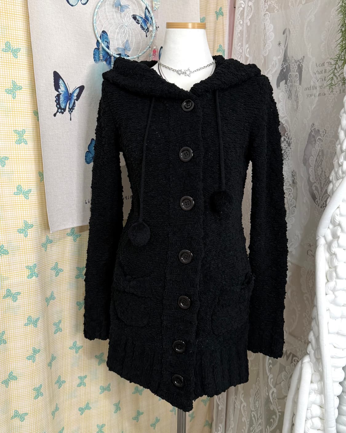 블랙 뽀글이 폼폼 후드 가디건 상품이미지1