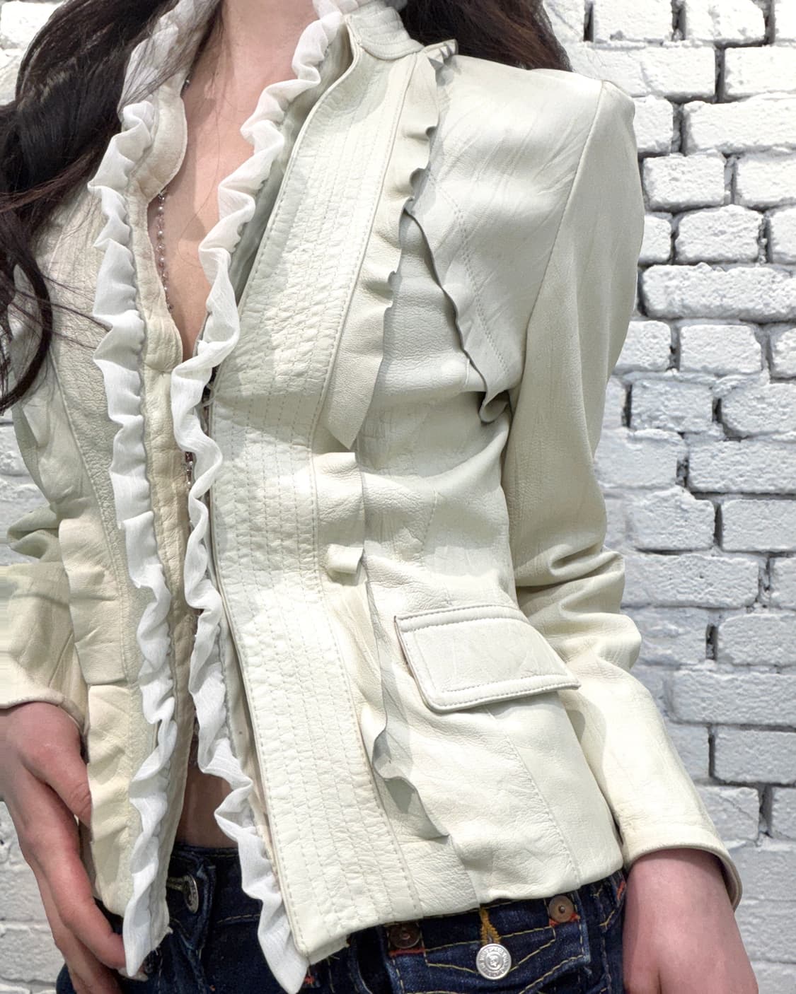 Detachable Ruffle Trim Leather Jacket 상품이미지3