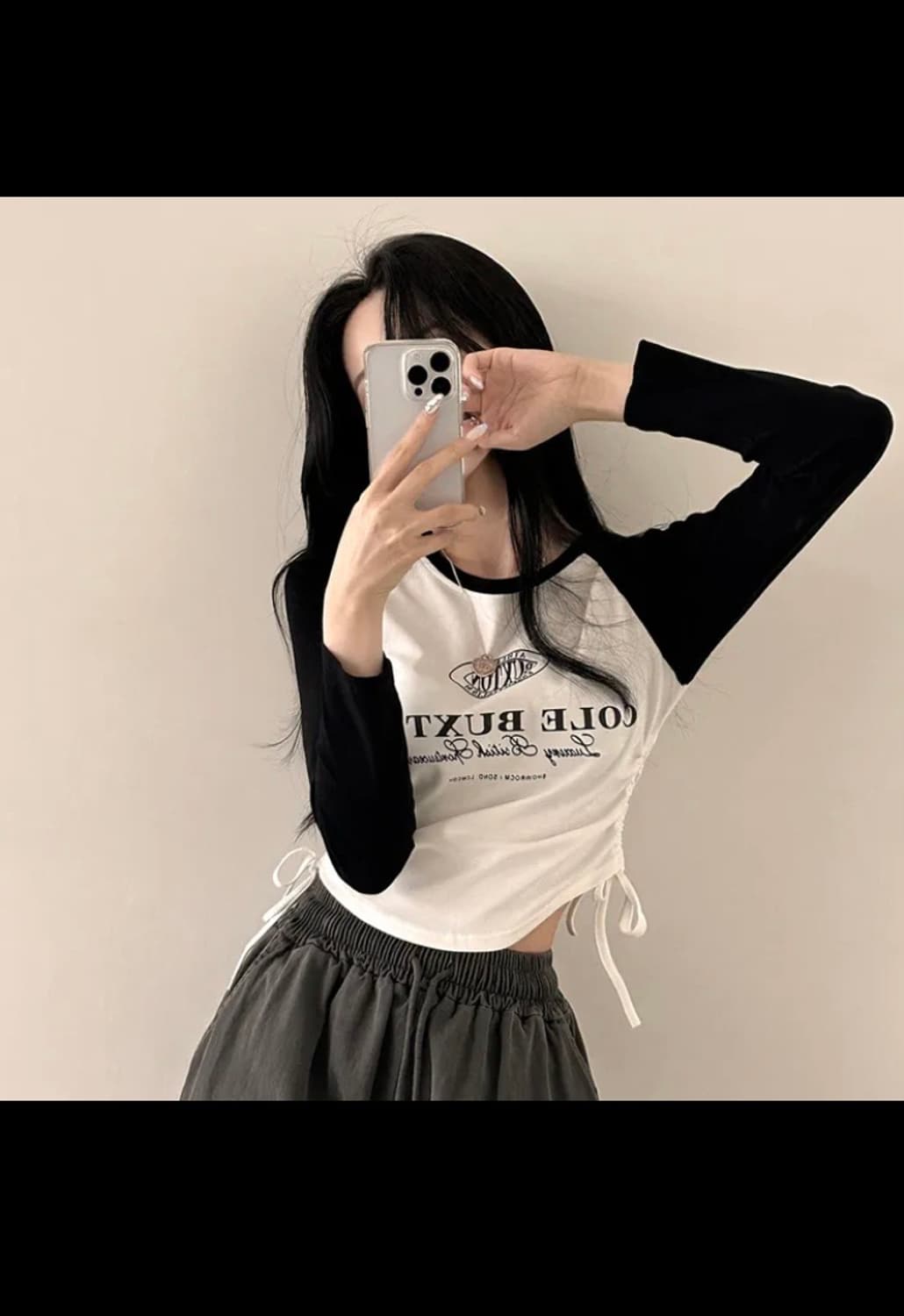 배색 나그랑 레터링 옆셔링 크롭 긴팔티셔츠 (검흰/free) 상품이미지1