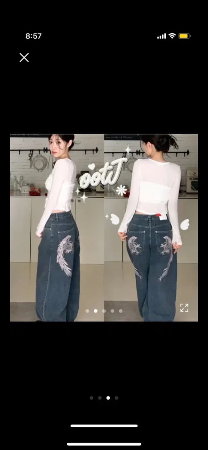 Ootj 데빌 윙 백 프린팅 와이드 데님 팬츠 워싱 핏시 애니원모어 상품이미지3