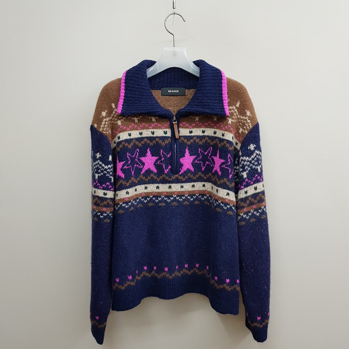 비이커 2024 페어아일 스타 패턴 울 하프집업 니트 1사이즈 상품이미지1