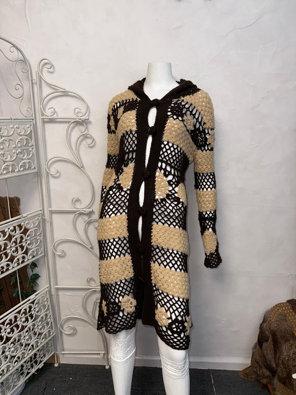 Beige brown flower crochet hood cardigan 상품이미지1