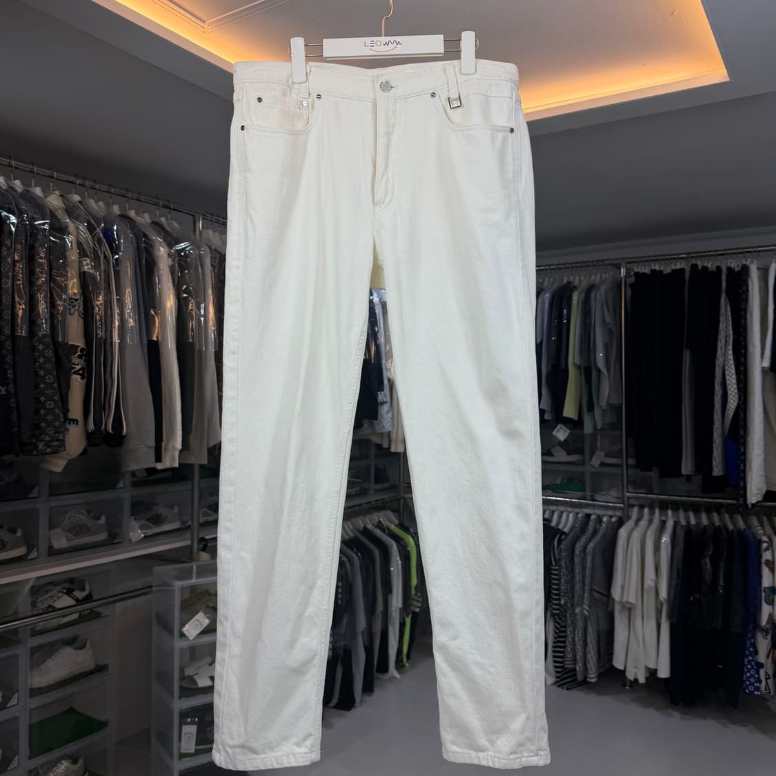 [리오브] 우영미 스퀘어 텍션지 레더 데님 팬츠 상품이미지1