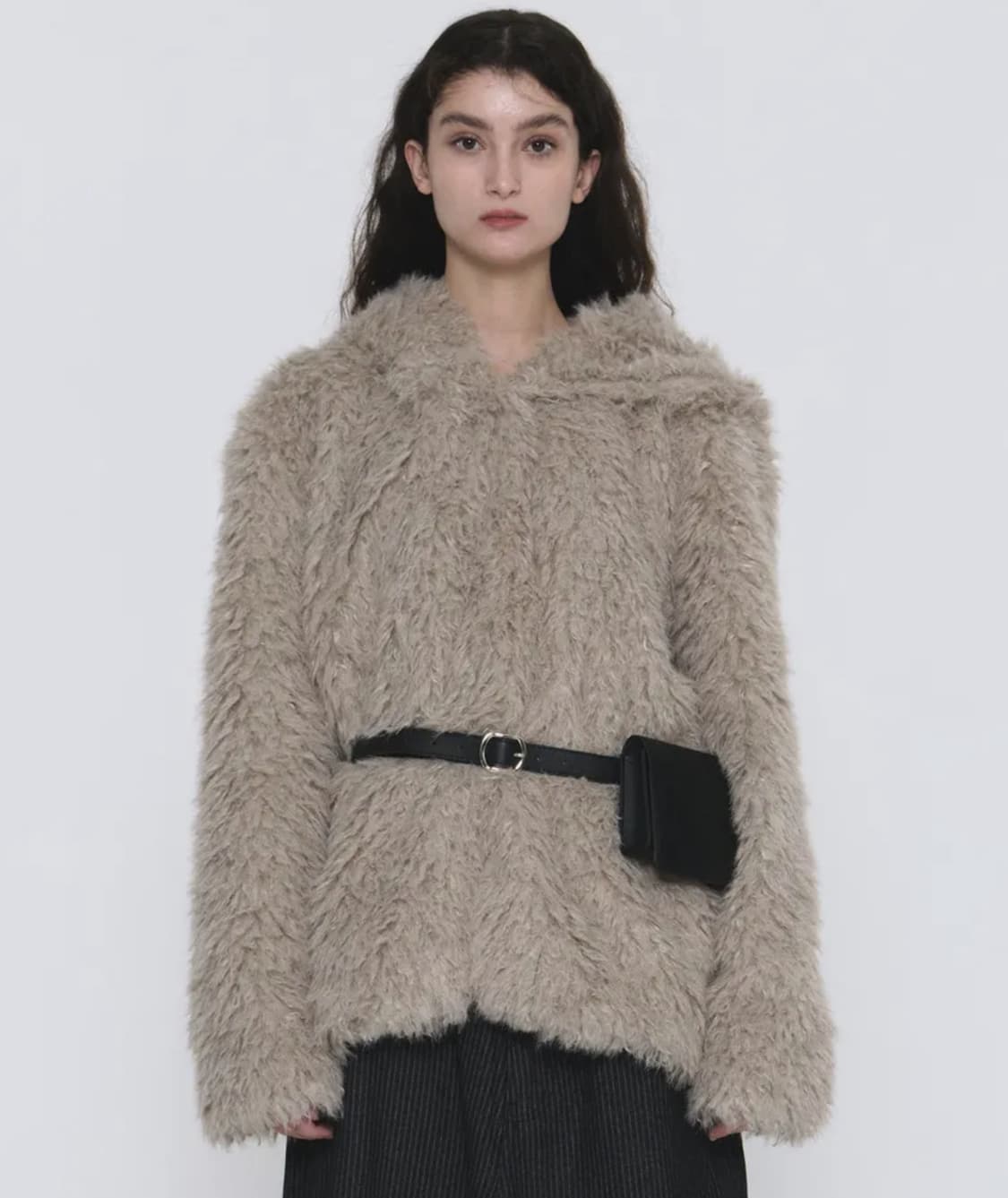 플레이스스튜디오 컬리 부클 헤비 에코 소프트 퍼 하프 후드 코트 그레이 상품이미지1