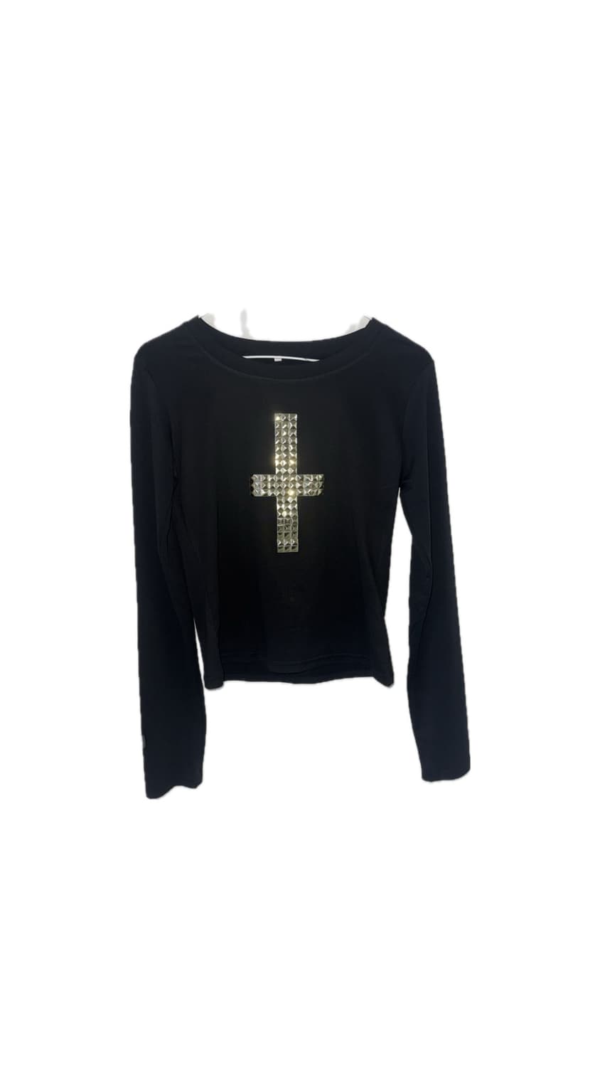 블랙 십자가 큐빅 크롭 긴팔티 상품이미지1