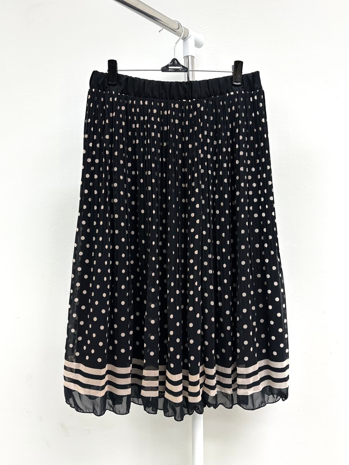 빈티지 블랙 베이지 도트 플리츠 미디 스커트 상품이미지3