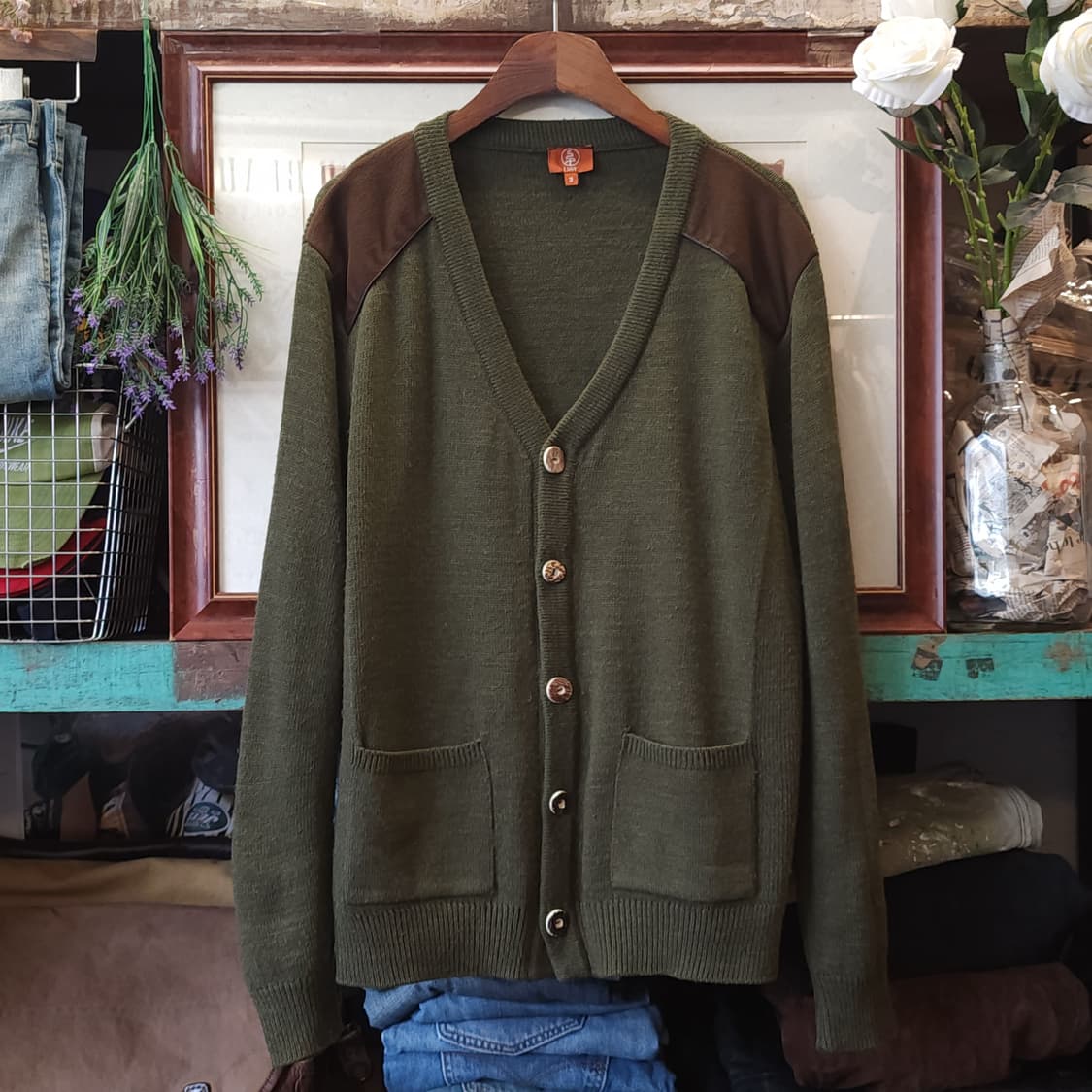 90s 프렌치 울 가디건 유럽 헤비울 스웨터 버튼 가디건 그린 L 상품이미지2