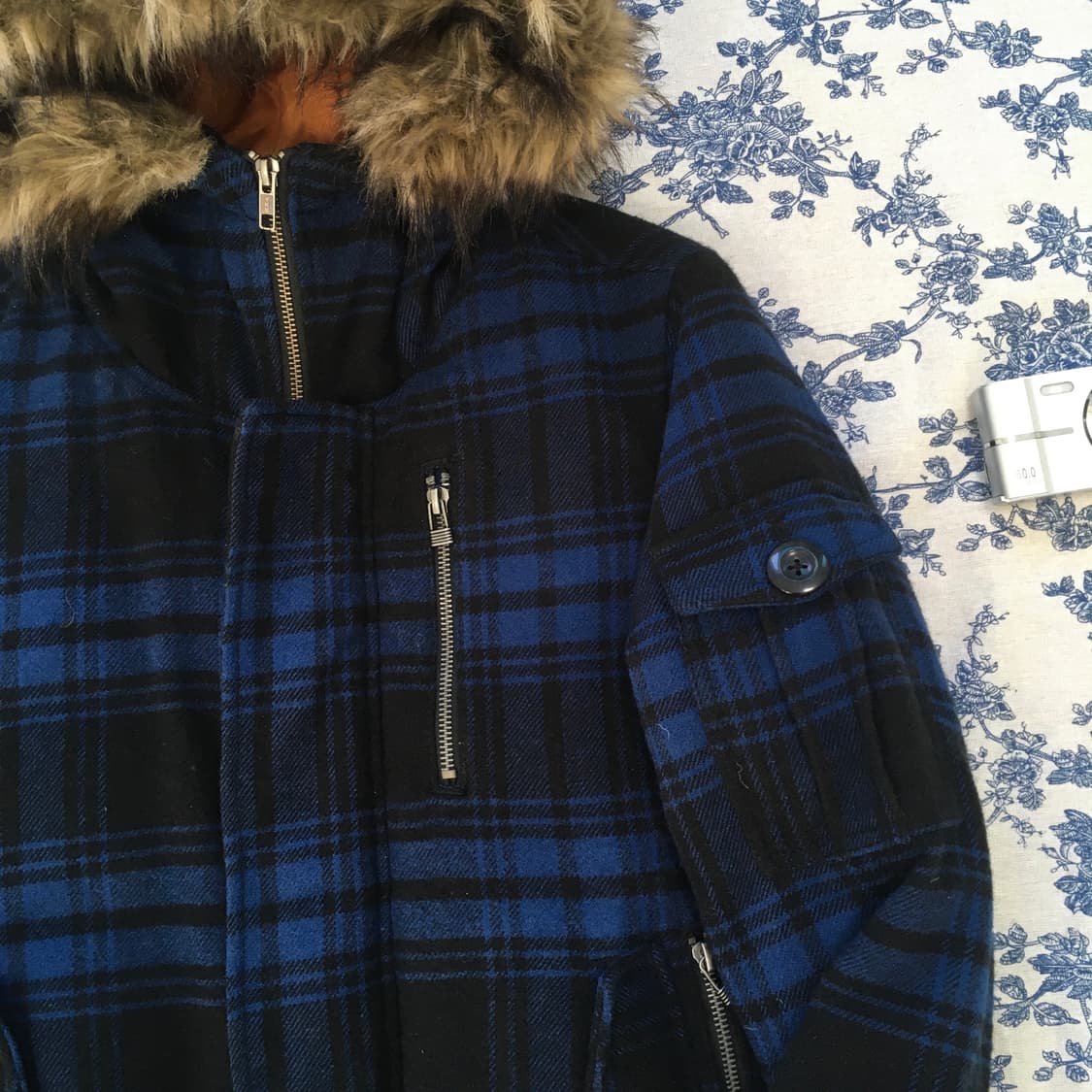 일본빈티지 블루 블랙 체크 후드 패딩 점퍼 상품이미지9